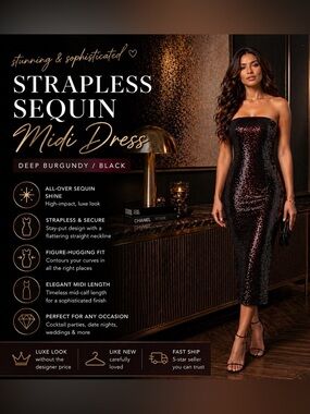 ✨ Luxe Strapless Sequin Midi Dress | Deep Burgundy Black ✨